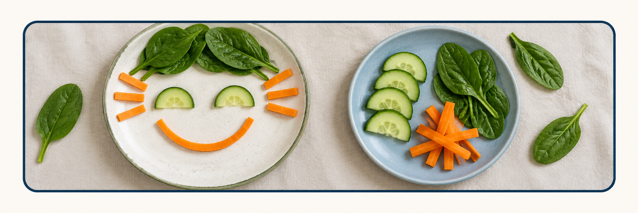 A playful vegetable face and a plate of vegetables for food exploration