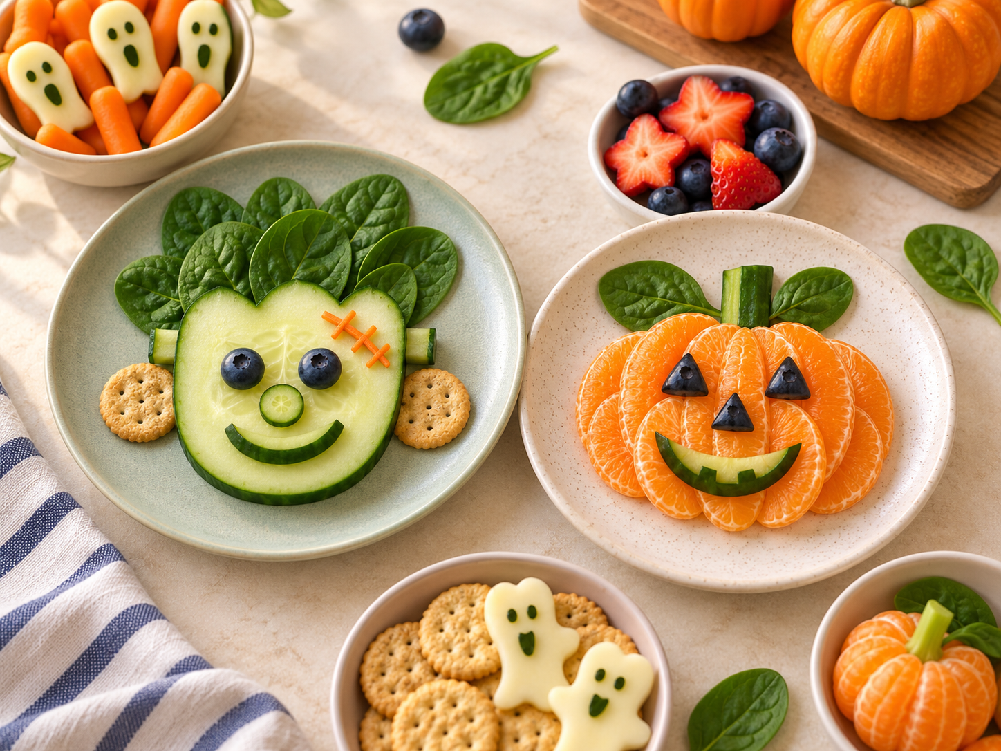 Halloween-themed fruit and vegetable plates on a family table