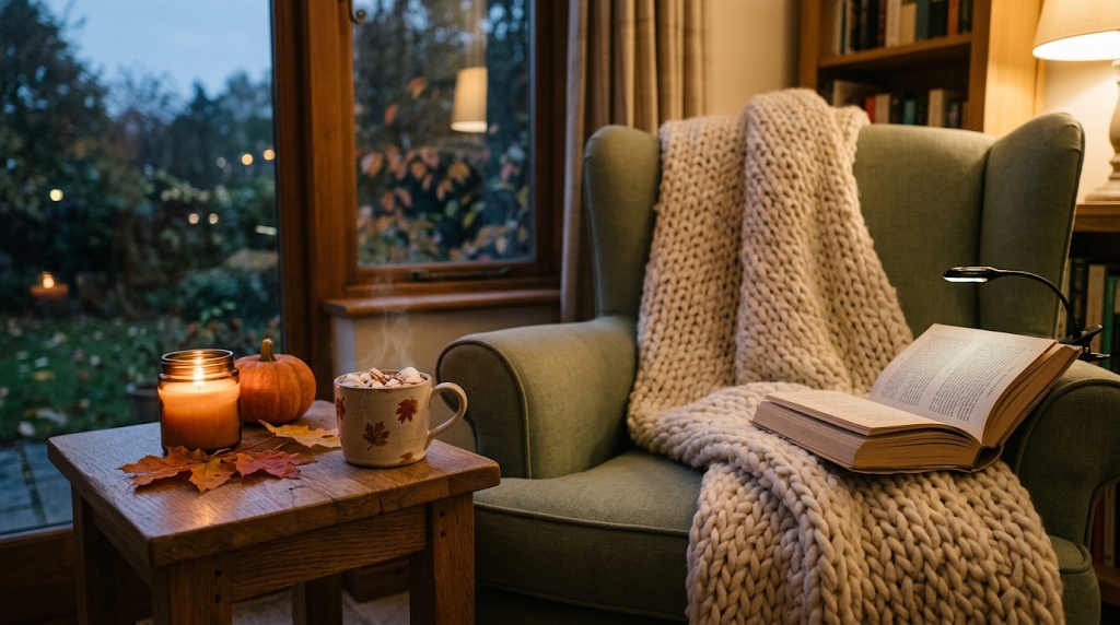 A cosy autumn reading corner with a blanket, warm drink and soft candlelight