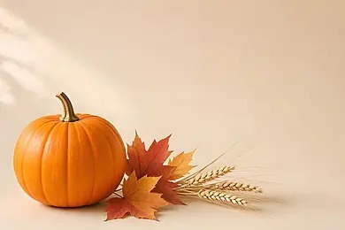 A pumpkin with autumn leaves
