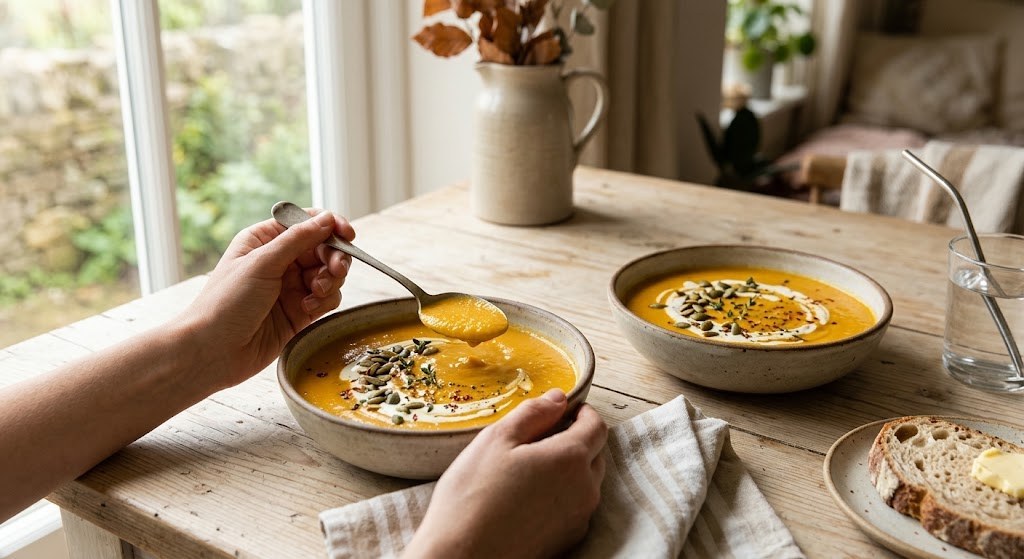 Two bowls of pumpkin soup on a kitchen table